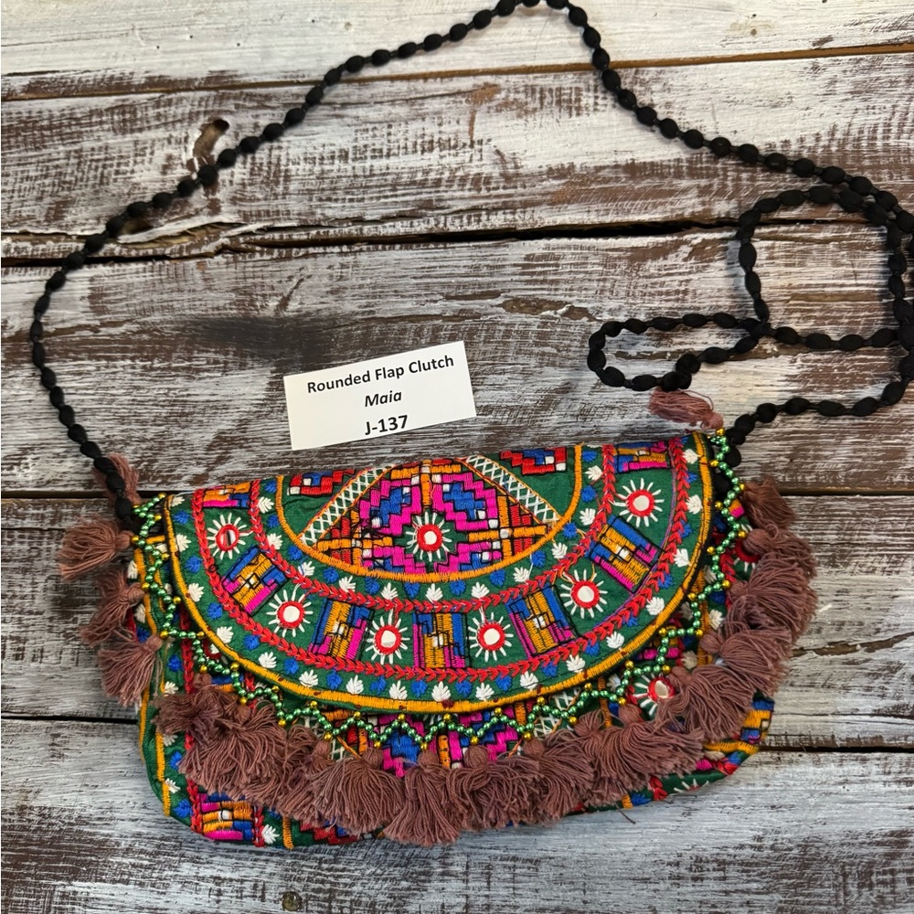Multicolor Embroidered Rounded Flap Clutch - Green